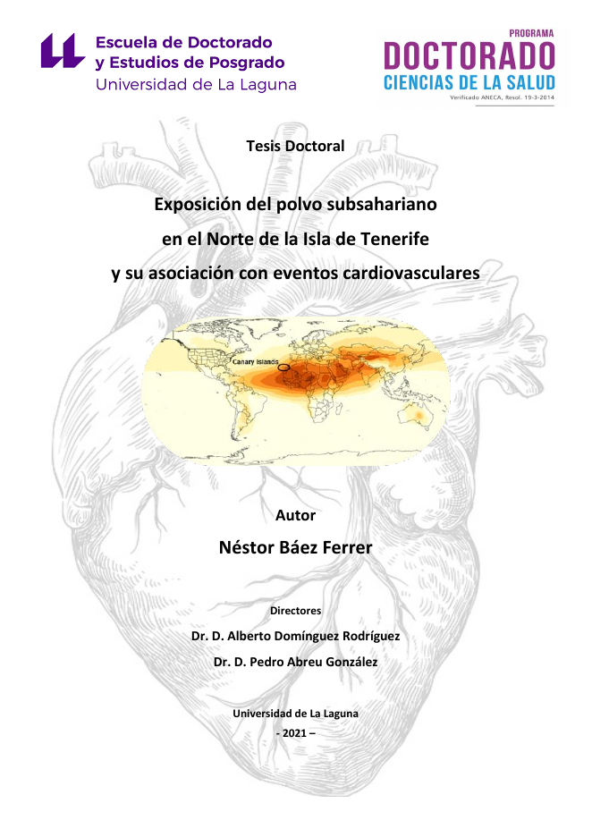 Portada de la tesis doctoral: Exposición del polvo subsahariano en el Norte de la Isla de Tenerife y su asociación con eventos cardiovasculares (Universidad de La Laguna, 2021)